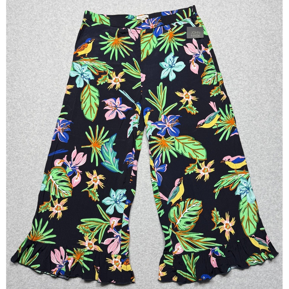 John Mark Pants Womens 10 Kaleidoscope Tropical Bird Print‎ Wide Leg Crop Capri